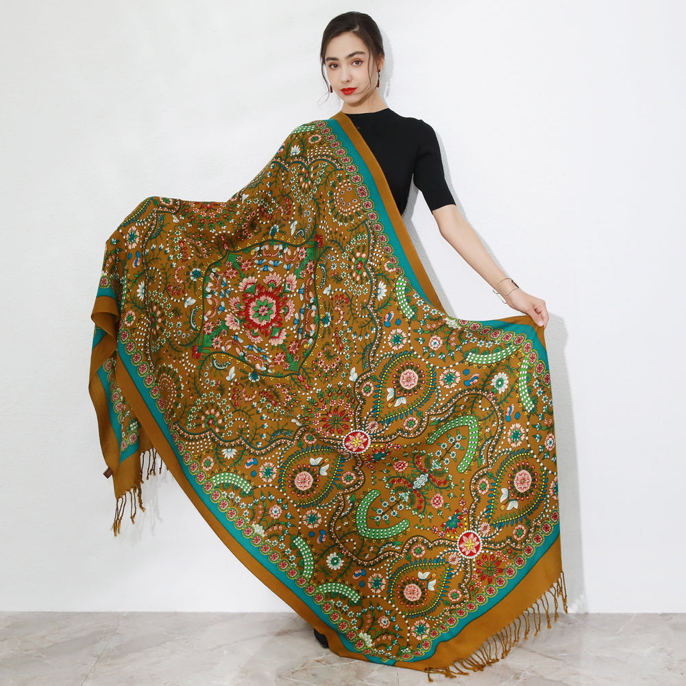 DANA XU 100% Merino Wool Extra Large Pashmina Blanket Travel Scarf Cashmere Wrap for Women Fall Winter Oversize Shawl Floral