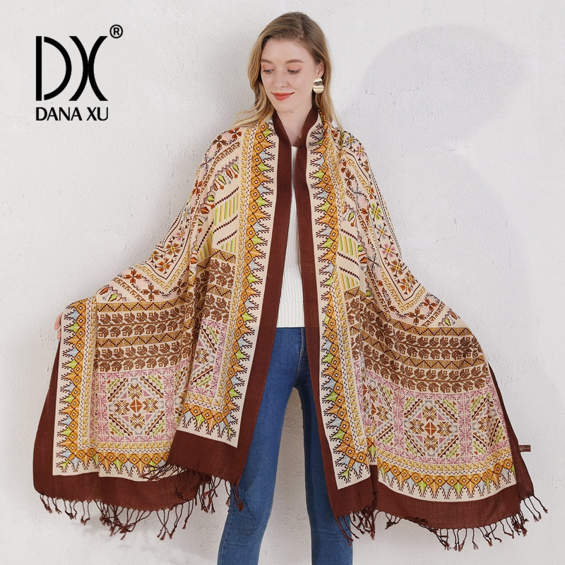DANA XU 100% Merino Wool Extra Large Pashmina Blanket Travel Scarf Cashmere Wrap for Women Fall Winter Oversize Shawl Floral