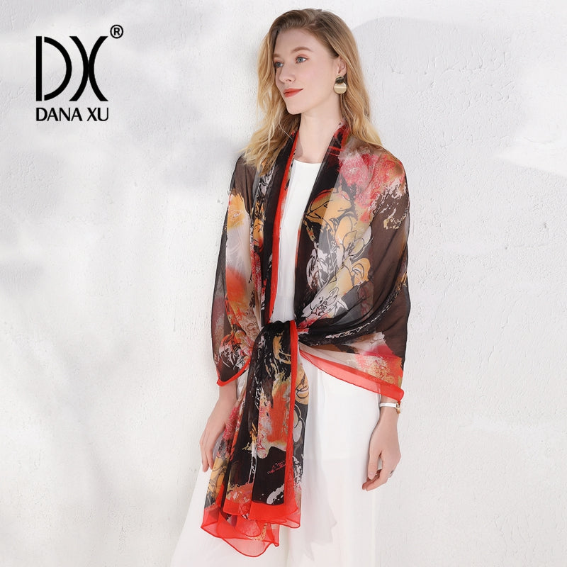 DANA XU Women's 100% Mulberry Satin Silk Pashmina Shawl Wraps Extra Large Floral Scarf for Evening Dresses, Soft Oversized
