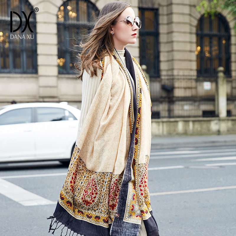 DANA XU 100% Merino Wool Extra Large Pashmina Blanket Travel Scarf Cashmere Wrap for Women Fall Winter Oversize Shawl Floral