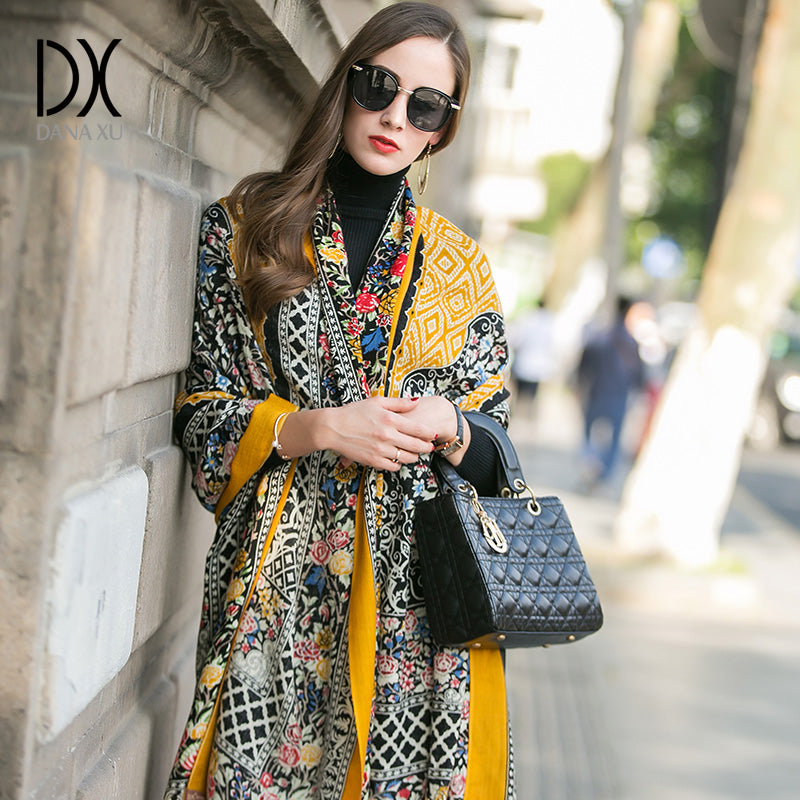 DANA XU 100% Merino Wool Extra Large Pashmina Blanket Travel Scarf Cashmere Wrap for Women Fall Winter Oversize Shawl Floral