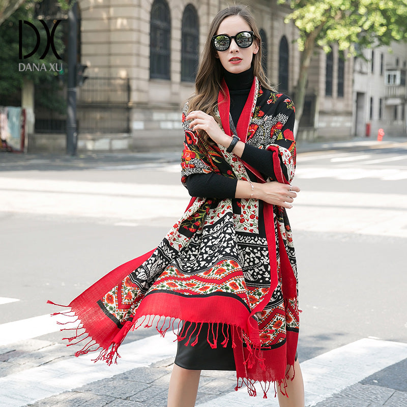DANA XU 100% Merino Wool Extra Large Pashmina Blanket Travel Scarf Cashmere Wrap for Women Fall Winter Oversize Shawl Floral