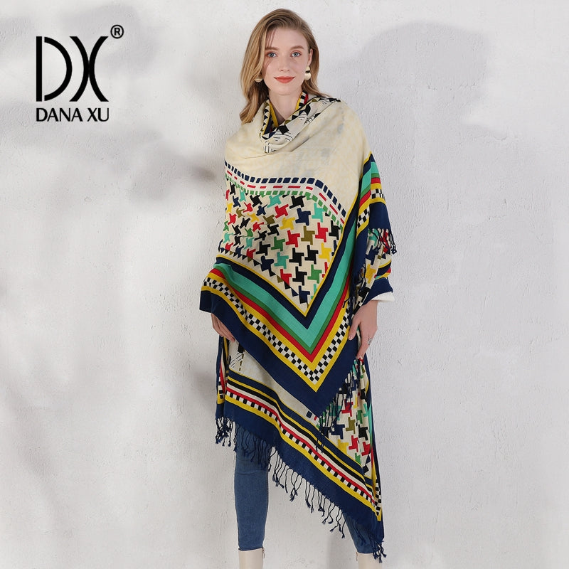 DANA XU 100% Merino Wool Extra Large Pashmina Blanket Travel Scarf Cashmere Wrap for Women Fall Winter Oversize Shawl Floral