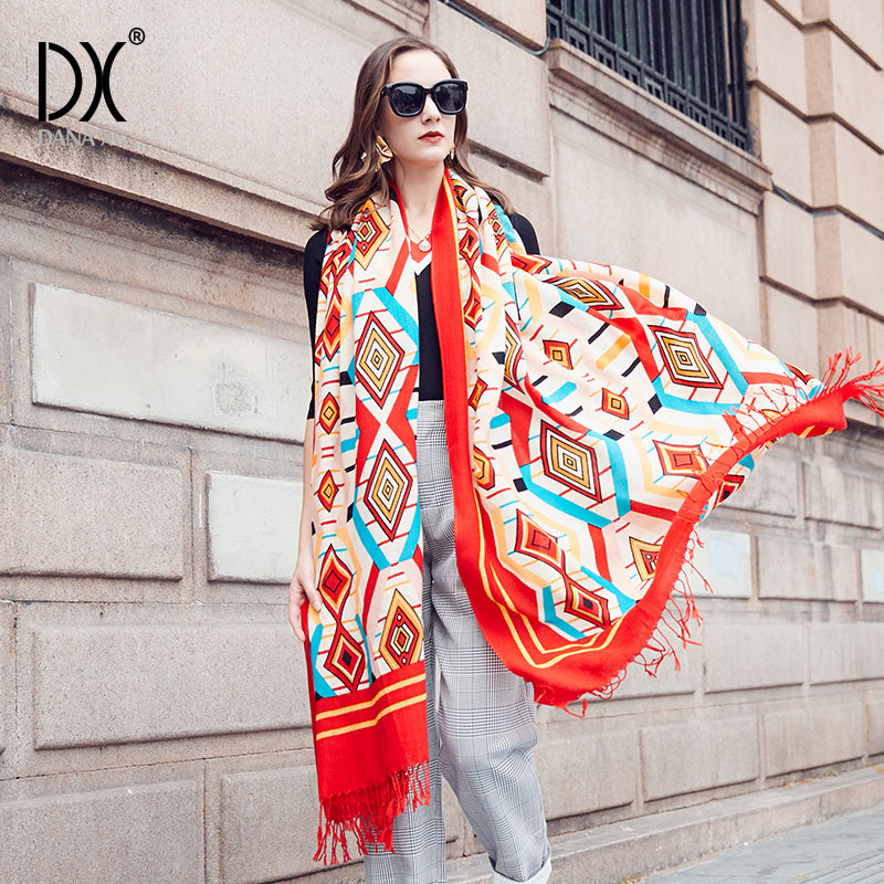 DANA XU 100% Merino Wool Extra Large Pashmina Blanket Travel Scarf Cashmere Wrap for Women Fall Winter Oversize Shawl Floral