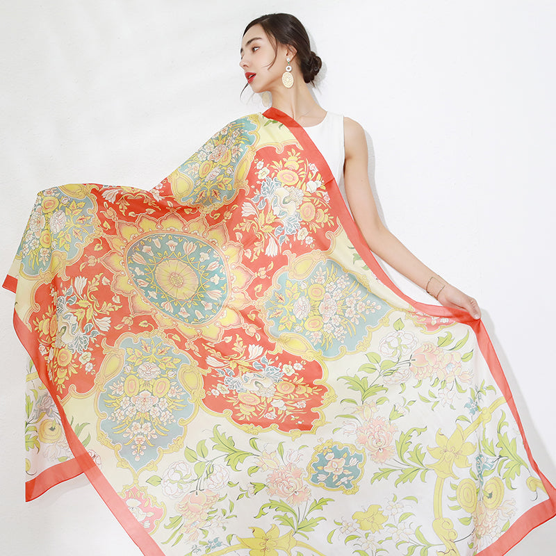 DANA XU Women's 100% Mulberry Satin Silk Pashmina Shawl Wraps Extra Large Floral Scarf for Evening Dresses, Soft Oversized