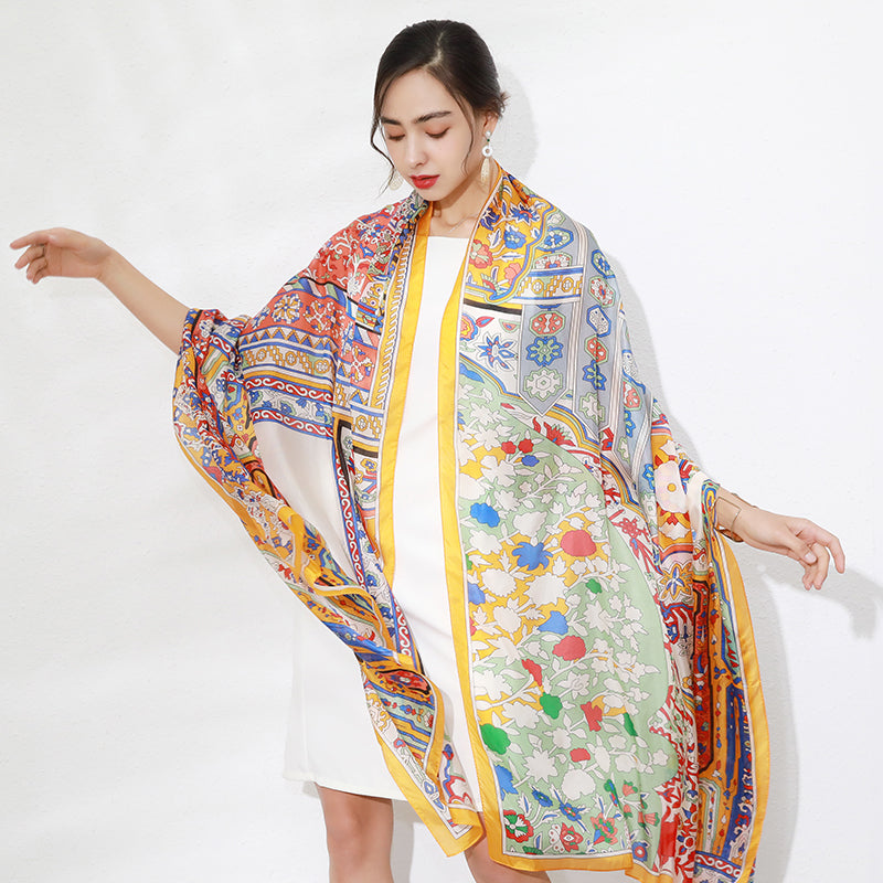 DANA XU Women's 100% Mulberry Satin Silk Pashmina Shawl Wraps Extra Large Floral Scarf for Evening Dresses, Soft Oversized