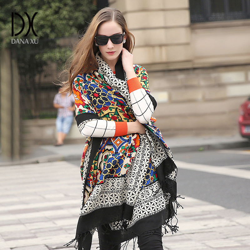 DANA XU 100% Merino Wool Extra Large Pashmina Blanket Travel Scarf Cashmere Wrap for Women Fall Winter Oversize Shawl Floral