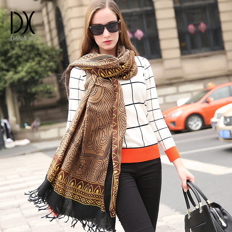 DANA XU 100% Merino Wool Extra Large Pashmina Blanket Travel Scarf Cashmere Wrap for Women Fall Winter Oversize Shawl Floral