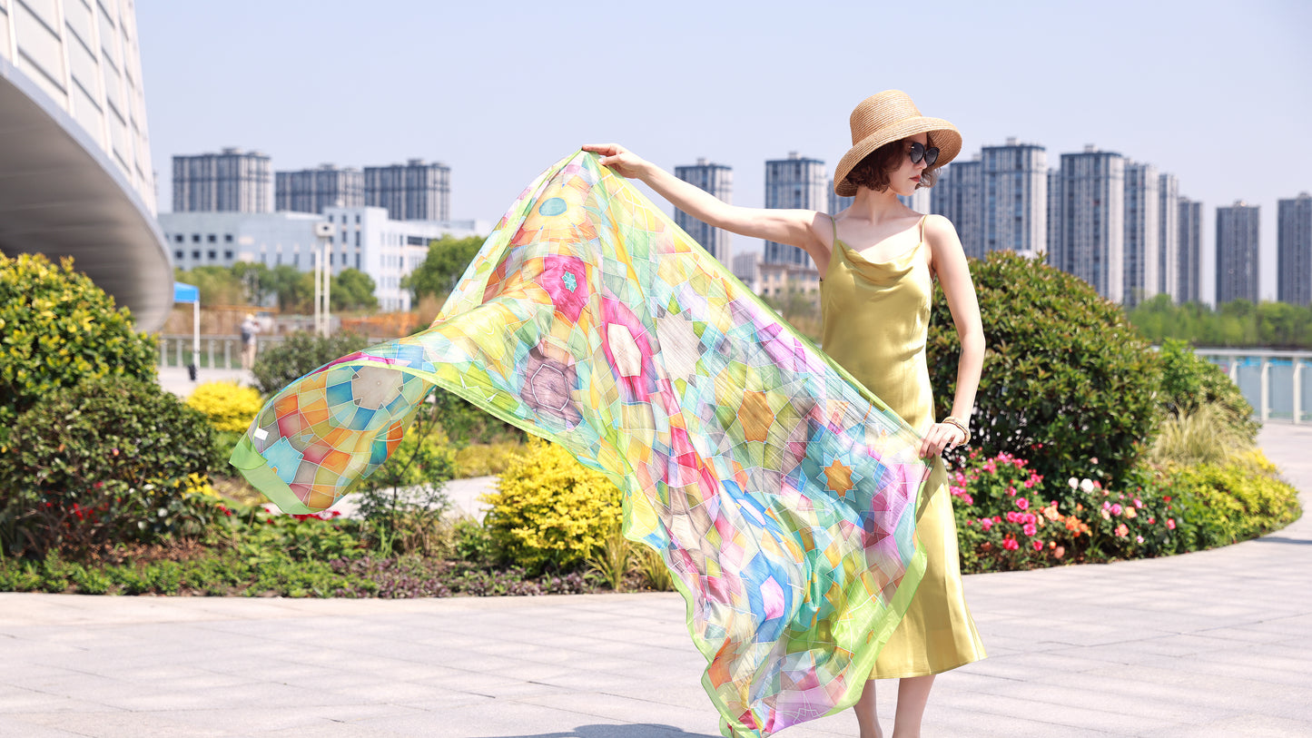 DANA XU Women's 100% Mulberry Satin Silk Pashmina Shawl Wraps Extra Large Floral Scarf for Evening Dresses, Soft Oversized