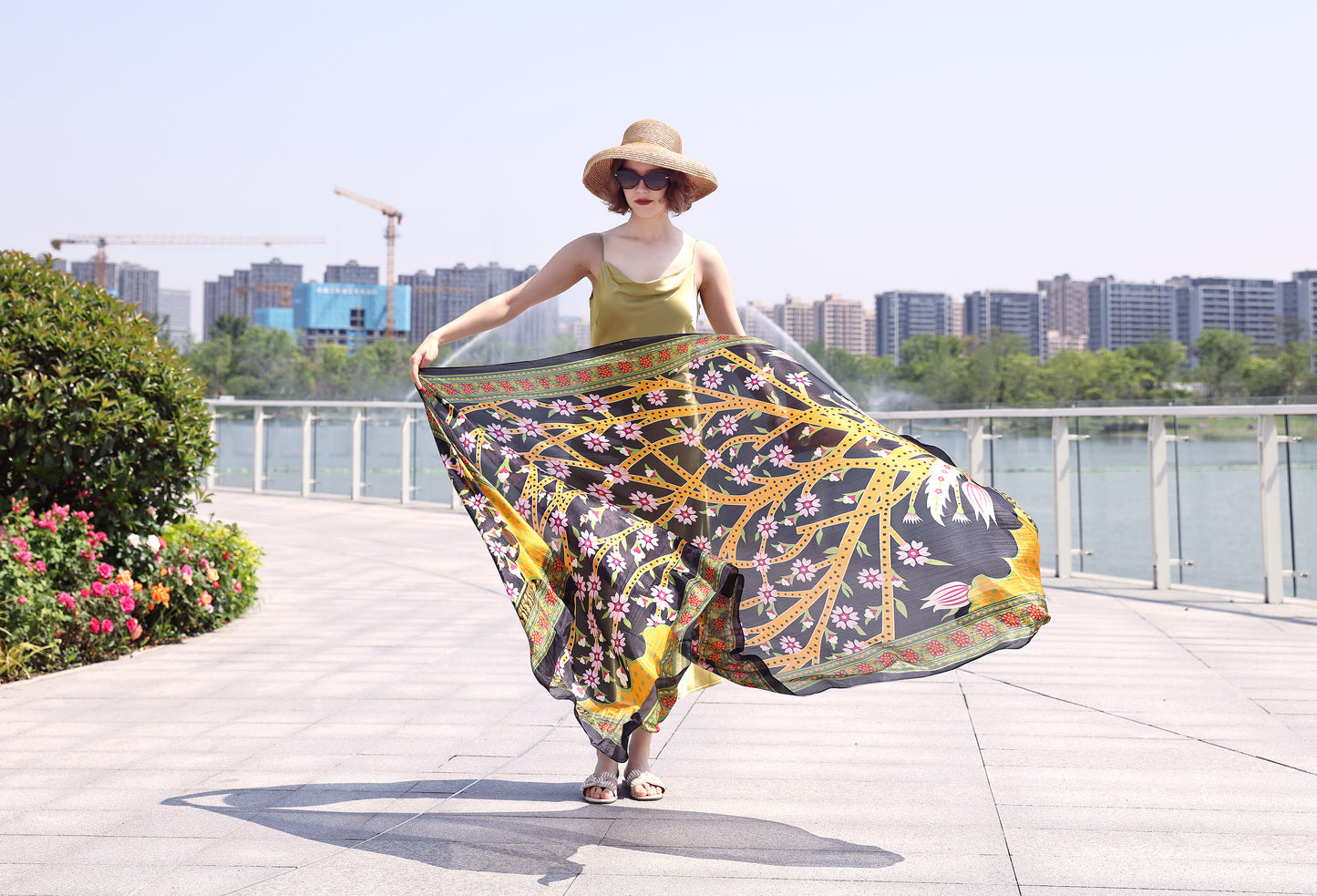 DANA XU Women's 100% Mulberry Satin Silk Pashmina Shawl Wraps Extra Large Floral Scarf for Evening Dresses, Soft Oversized