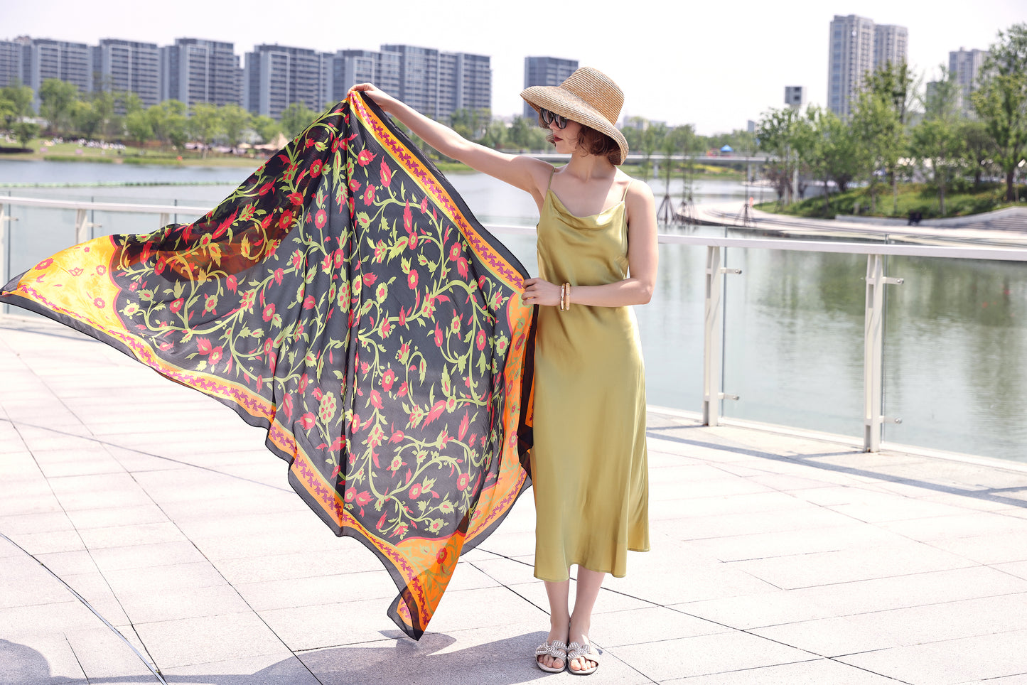 DANA XU Women's 100% Mulberry Satin Silk Pashmina Shawl Wraps Extra Large Floral Scarf for Evening Dresses, Soft Oversized