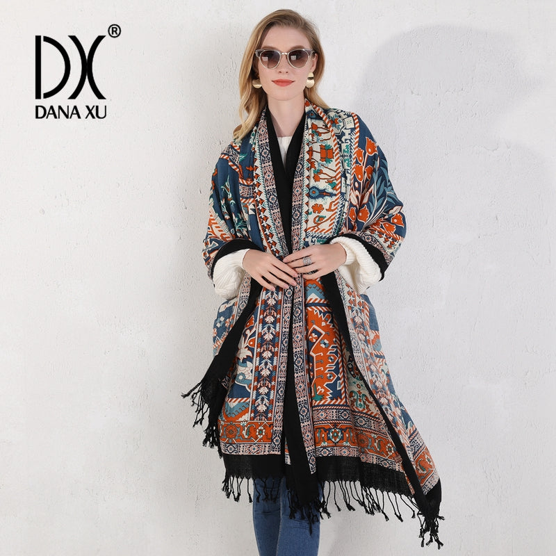 DANA XU 100% Merino Wool Extra Large Pashmina Blanket Travel Scarf Cashmere Wrap for Women Fall Winter Oversize Shawl Floral
