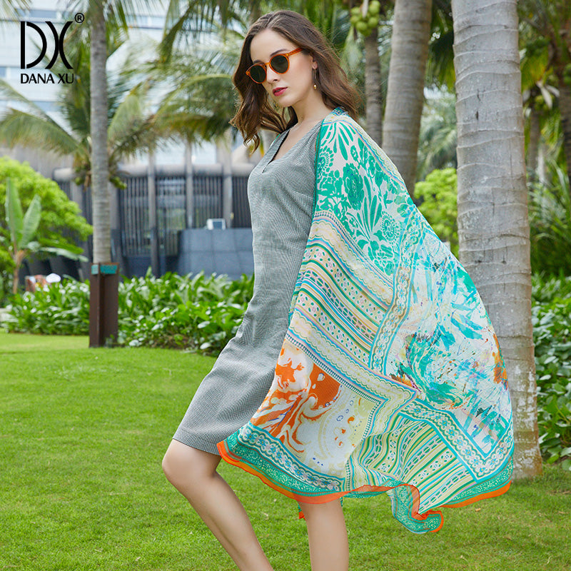 DANA XU Women's 100% Mulberry Satin Silk Pashmina Shawl Wraps Extra Large Floral Scarf for Evening Dresses, Soft Oversized