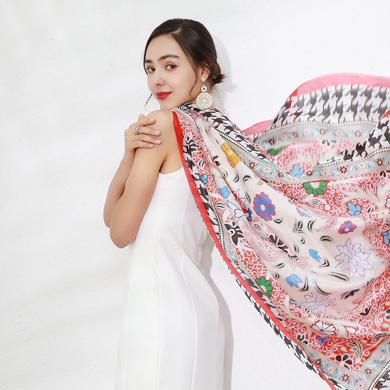 DANA XU Women's 100% Mulberry Satin Silk Pashmina Shawl Wraps Extra Large Floral Scarf for Evening Dresses, Soft Oversized