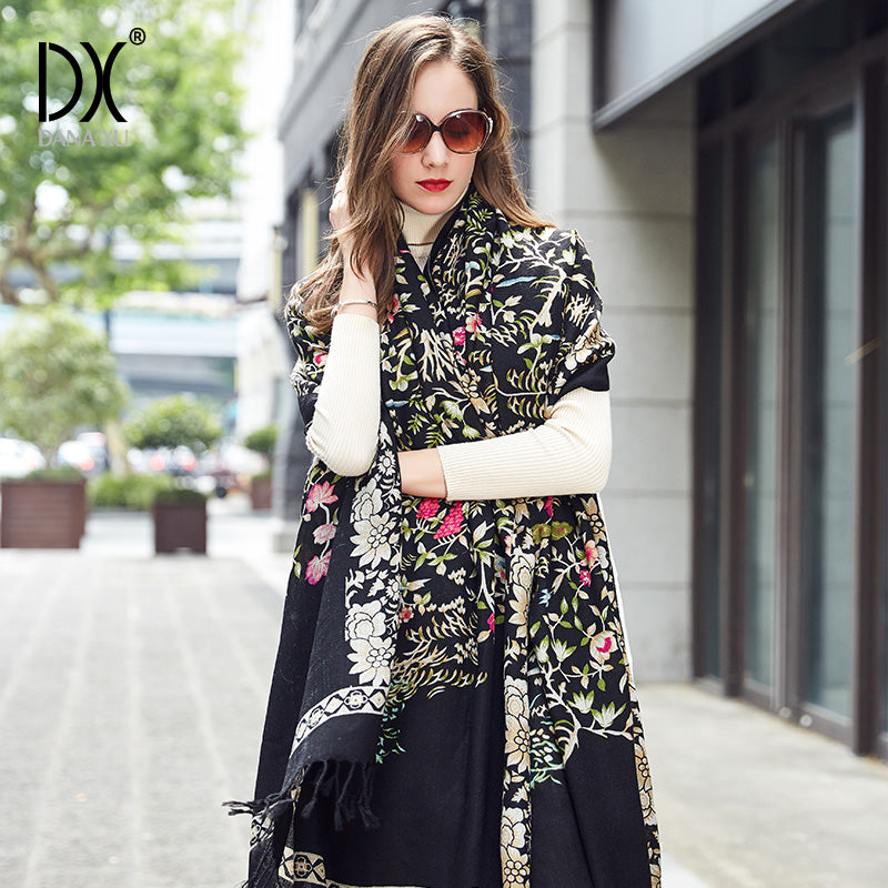 DANA XU 100% Merino Wool Extra Large Pashmina Blanket Travel Scarf Cashmere Wrap for Women Fall Winter Oversize Shawl Floral