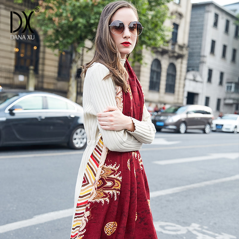 DANA XU 100% Merino Wool Extra Large Pashmina Blanket Travel Scarf Cashmere Wrap for Women Fall Winter Oversize Shawl Floral