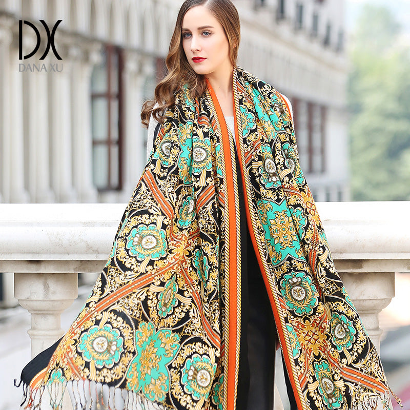 DANA XU 100% Merino Wool Extra Large Pashmina Blanket Travel Scarf Cashmere Wrap for Women Fall Winter Oversize Shawl Floral