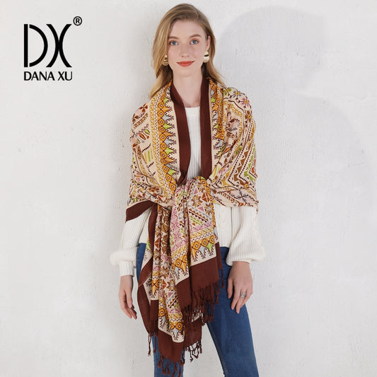 DANA XU 100% Merino Wool Extra Large Pashmina Blanket Travel Scarf Cashmere Wrap for Women Fall Winter Oversize Shawl Floral