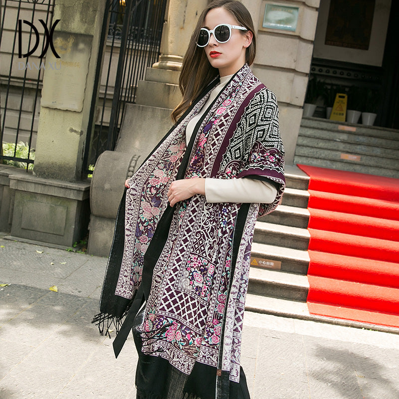 DANA XU 100% Merino Wool Extra Large Pashmina Blanket Travel Scarf Cashmere Wrap for Women Fall Winter Oversize Shawl Floral
