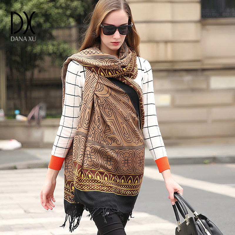 DANA XU 100% Merino Wool Extra Large Pashmina Blanket Travel Scarf Cashmere Wrap for Women Fall Winter Oversize Shawl Floral