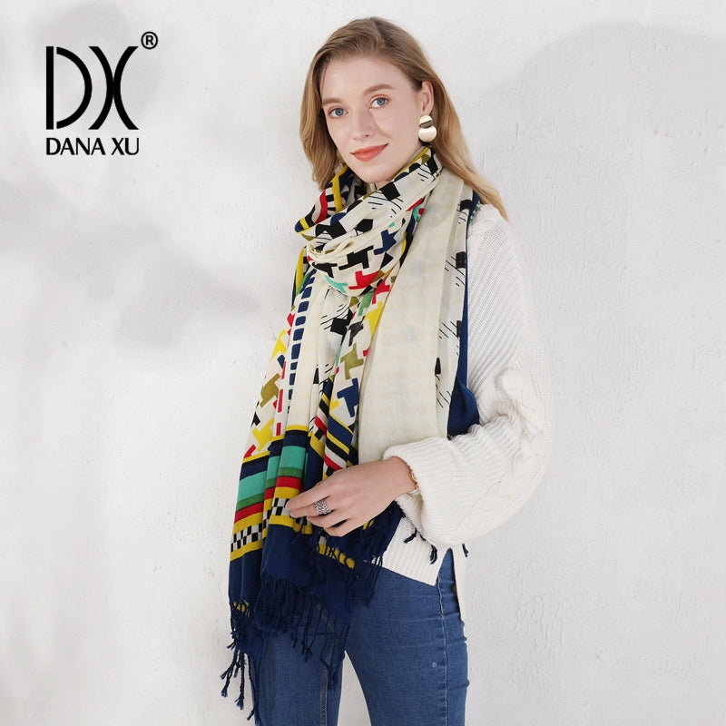 DANA XU 100% Merino Wool Extra Large Pashmina Blanket Travel Scarf Cashmere Wrap for Women Fall Winter Oversize Shawl Floral