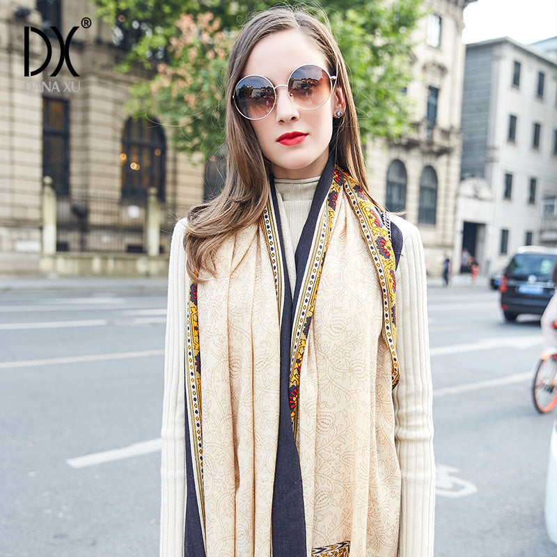 DANA XU 100% Merino Wool Extra Large Pashmina Blanket Travel Scarf Cashmere Wrap for Women Fall Winter Oversize Shawl Floral
