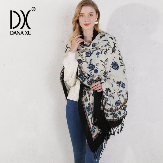 DANA XU 100% Merino Wool Extra Large Pashmina Blanket Travel Scarf Cashmere Wrap for Women Fall Winter Oversize Shawl Floral