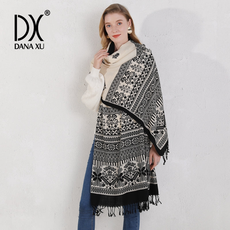 DANA XU 100% Merino Wool Extra Large Pashmina Blanket Travel Scarf Cashmere Wrap for Women Fall Winter Oversize Shawl Floral