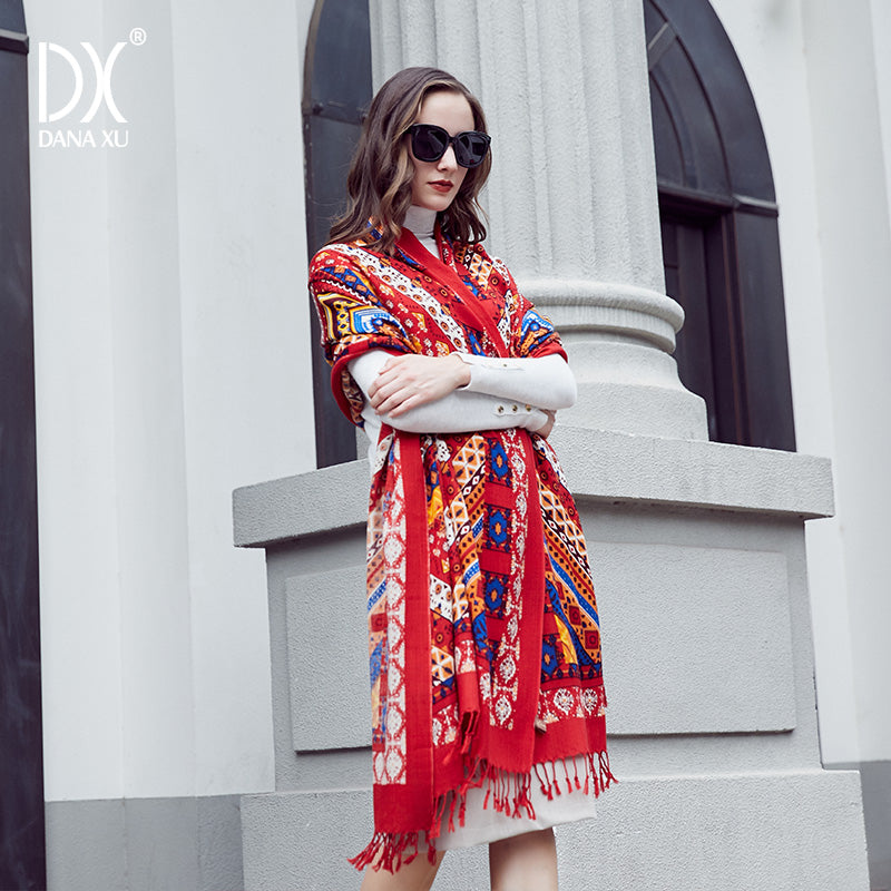 DANA XU 100% Merino Wool Extra Large Pashmina Blanket Travel Scarf Cashmere Wrap for Women Fall Winter Oversize Shawl Floral