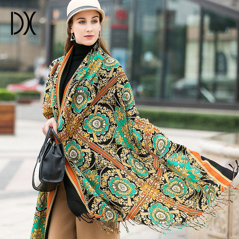 DANA XU 100% Merino Wool Extra Large Pashmina Blanket Travel Scarf Cashmere Wrap for Women Fall Winter Oversize Shawl Floral