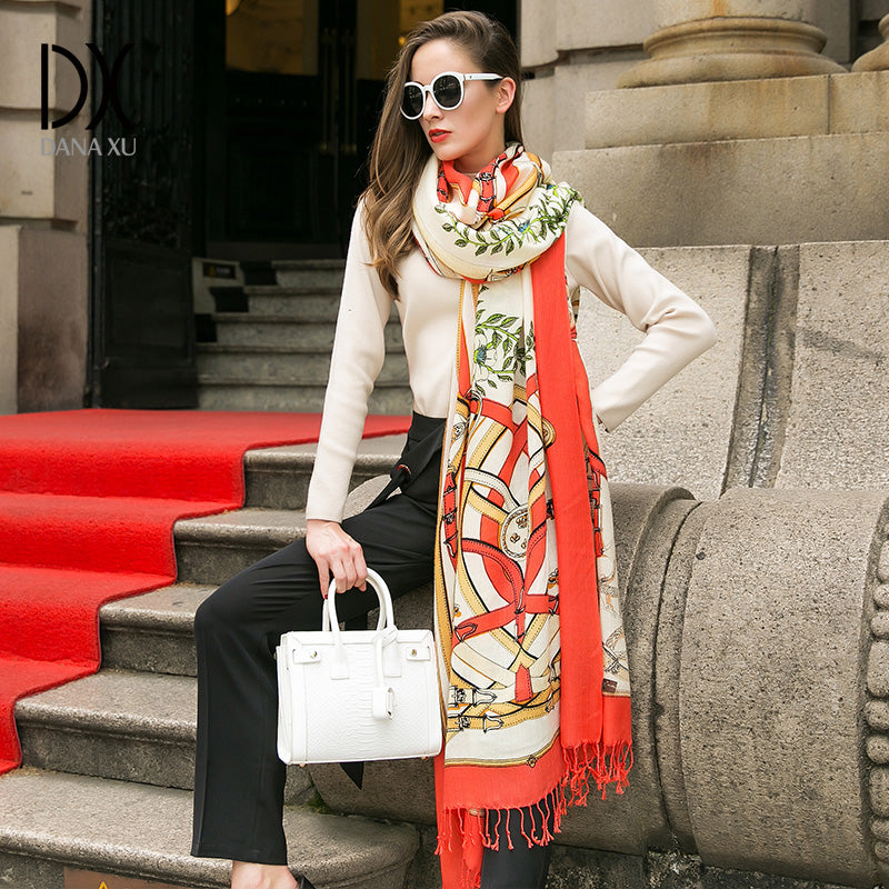 DANA XU 100% Merino Wool Extra Large Pashmina Blanket Travel Scarf Cashmere Wrap for Women Fall Winter Oversize Shawl Floral