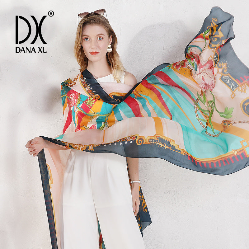 DANA XU Women's 100% Mulberry Satin Silk Pashmina Shawl Wraps Extra Large Floral Scarf for Evening Dresses, Soft Oversized