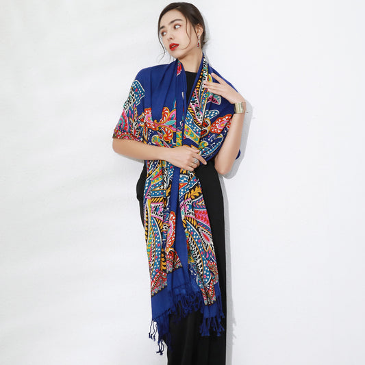 DANA XU 100% Merino Wool Extra Large Pashmina Blanket Travel Scarf Cashmere Wrap for Women Fall Winter Oversize Shawl Floral