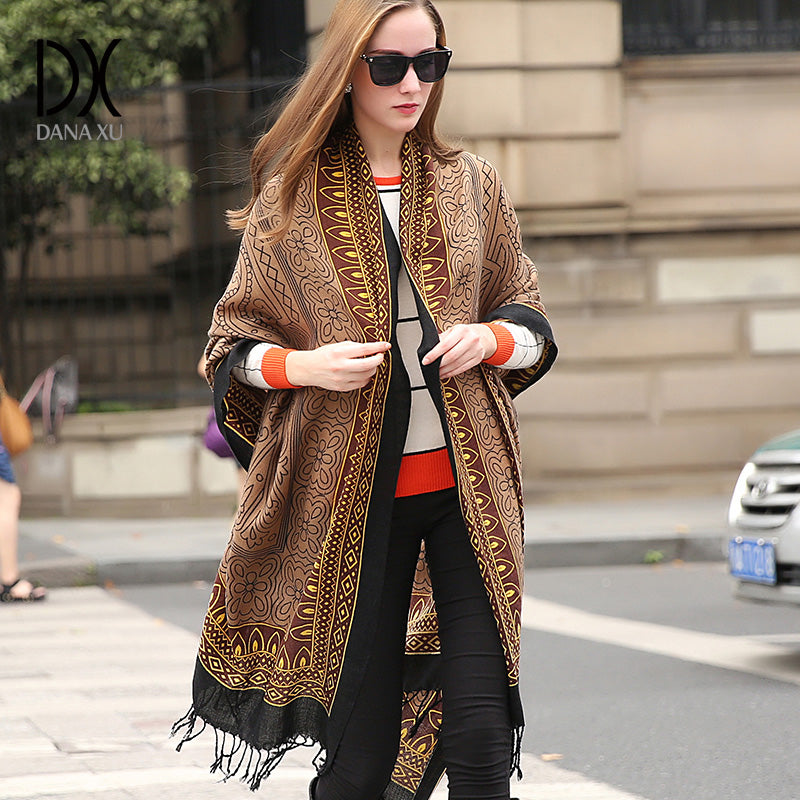 DANA XU 100% Merino Wool Extra Large Pashmina Blanket Travel Scarf Cashmere Wrap for Women Fall Winter Oversize Shawl Floral