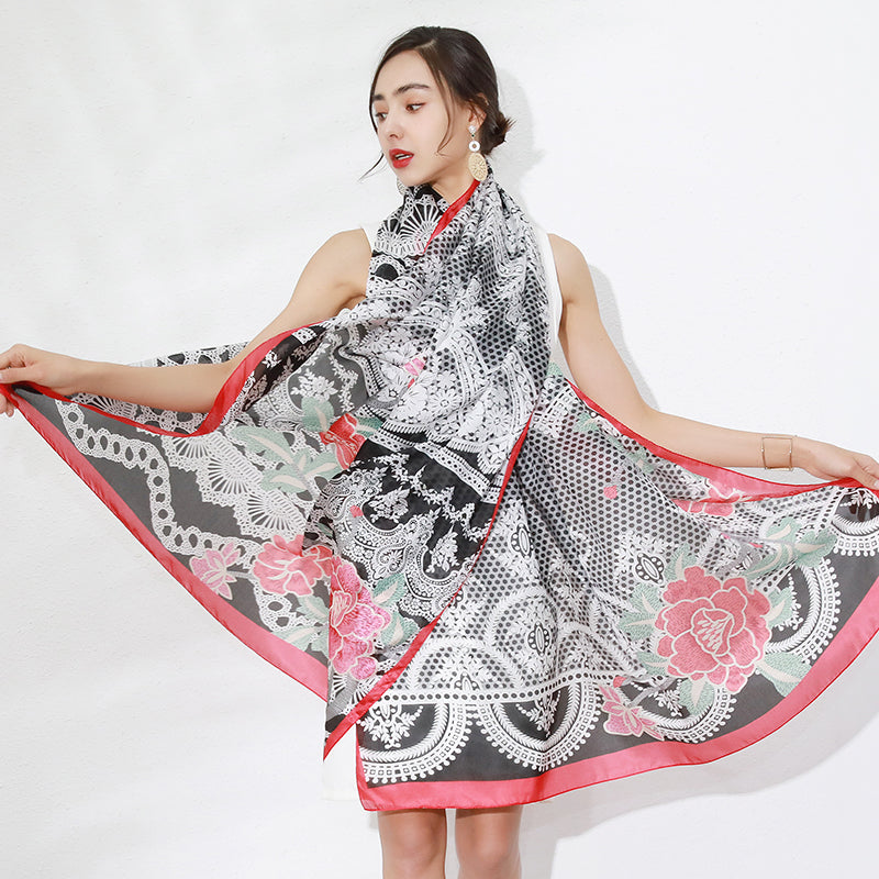 DANA XU Women's 100% Mulberry Satin Silk Pashmina Shawl Wraps Extra Large Floral Scarf for Evening Dresses, Soft Oversized