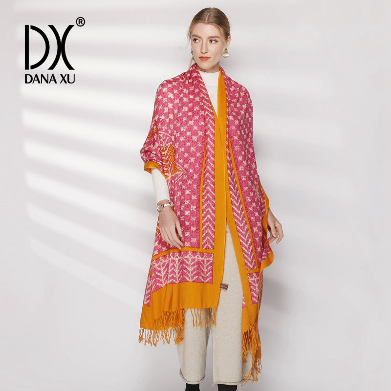 DANA XU 100% Merino Wool Extra Large Pashmina Blanket Travel Scarf Cashmere Wrap for Women Fall Winter Oversize Shawl Floral