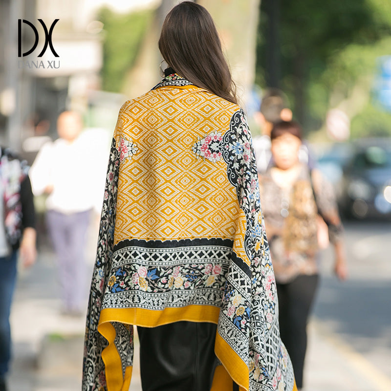 DANA XU 100% Merino Wool Extra Large Pashmina Blanket Travel Scarf Cashmere Wrap for Women Fall Winter Oversize Shawl Floral