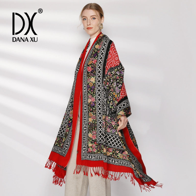 DANA XU 100% Merino Wool Extra Large Pashmina Blanket Travel Scarf Cashmere Wrap for Women Fall Winter Oversize Shawl Floral
