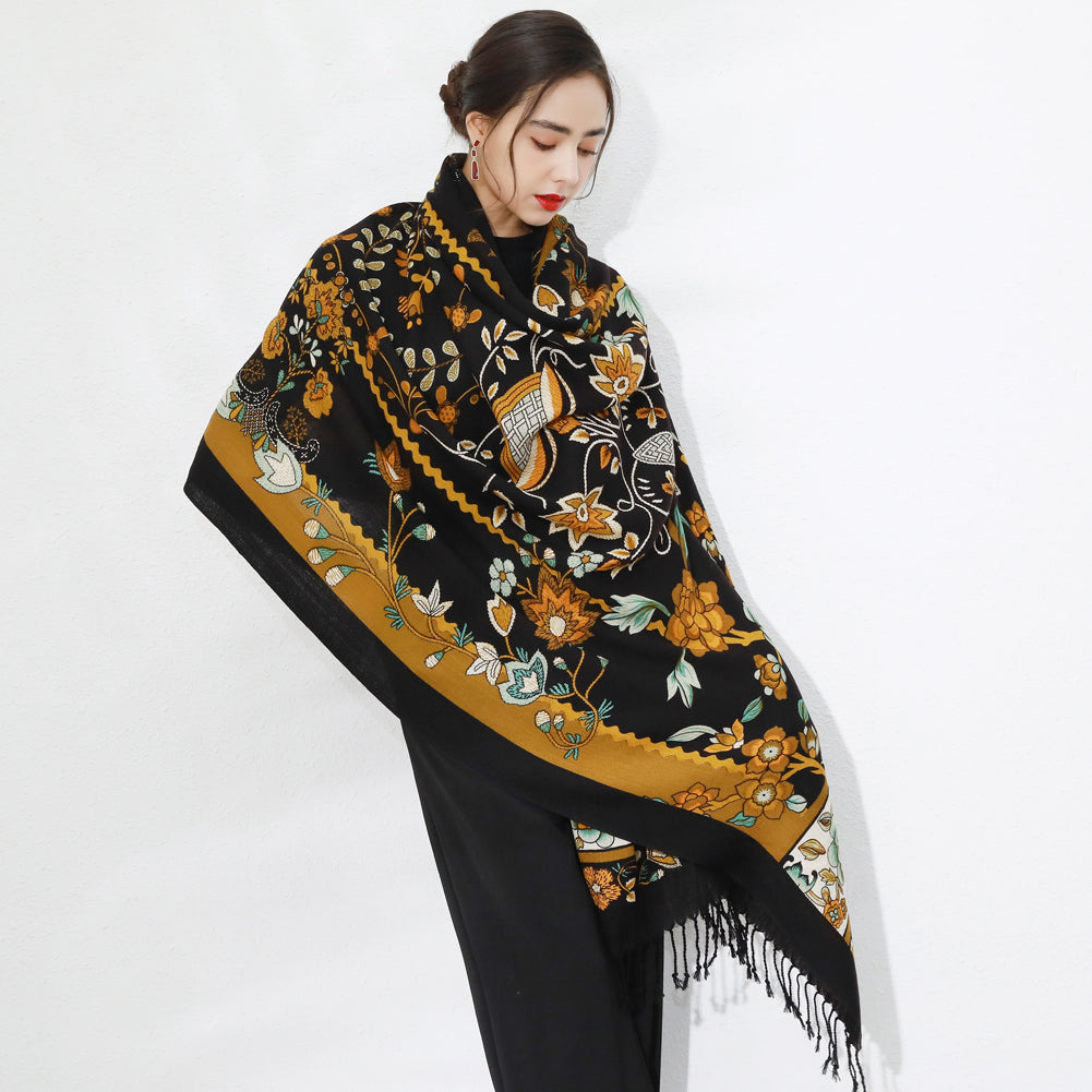 DANA XU 100% Merino Wool Extra Large Pashmina Blanket Travel Scarf Cashmere Wrap for Women Fall Winter Oversize Shawl Floral