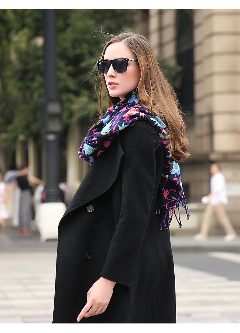 DANA XU 100% Merino Wool Extra Large Pashmina Blanket Travel Scarf Cashmere Wrap for Women Fall Winter Oversize Shawl Floral
