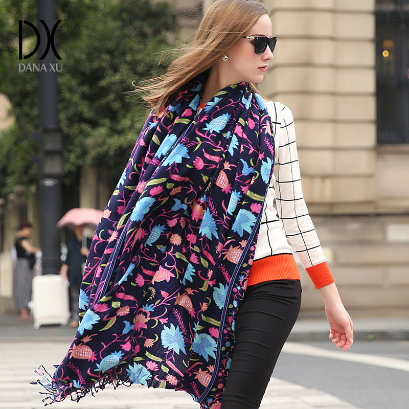 DANA XU 100% Merino Wool Extra Large Pashmina Blanket Travel Scarf Cashmere Wrap for Women Fall Winter Oversize Shawl Floral