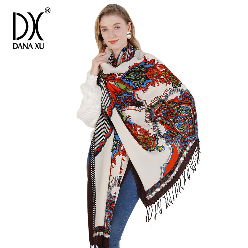 DANA XU 100% Merino Wool Extra Large Pashmina Blanket Travel Scarf Cashmere Wrap for Women Fall Winter Oversize Shawl Floral