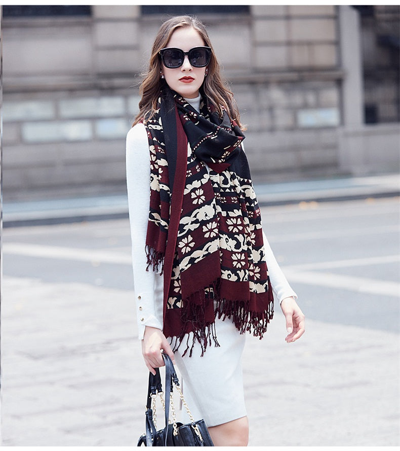 DANA XU 100% Merino Wool Extra Large Pashmina Blanket Travel Scarf Cashmere Wrap for Women Fall Winter Oversize Shawl Floral