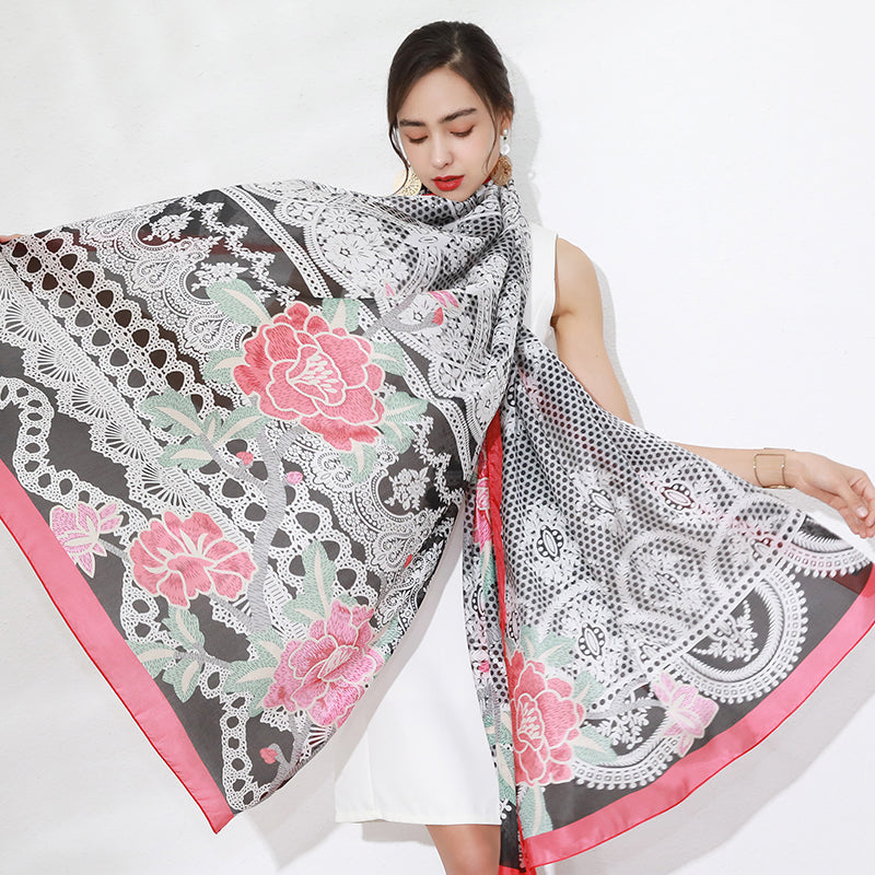 DANA XU Women's 100% Mulberry Satin Silk Pashmina Shawl Wraps Extra Large Floral Scarf for Evening Dresses, Soft Oversized