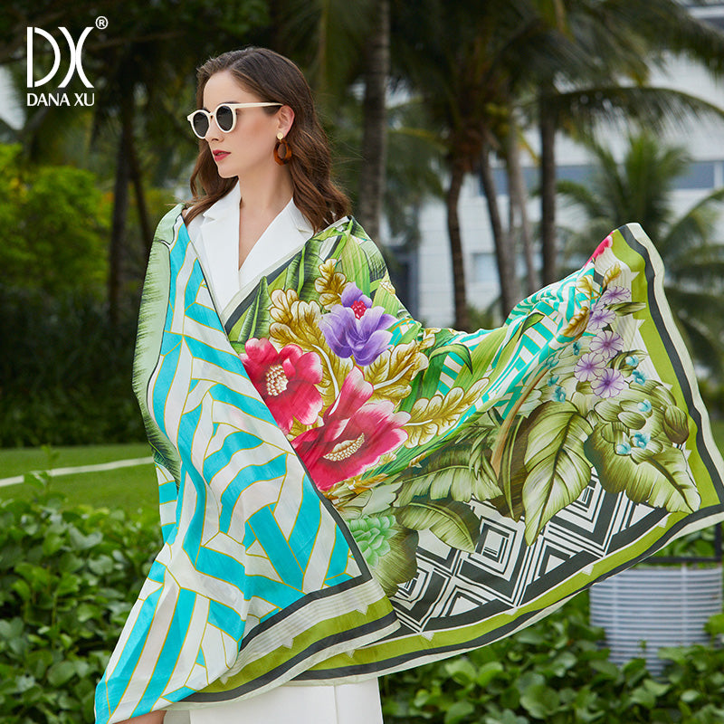 DANA XU Women's 100% Mulberry Satin Silk Pashmina Shawl Wraps Extra Large Floral Scarf for Evening Dresses, Soft Oversized