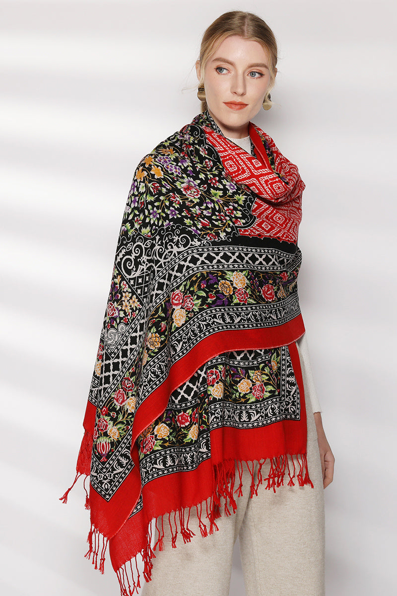 DANA XU 100% Merino Wool Extra Large Pashmina Blanket Travel Scarf Cashmere Wrap for Women Fall Winter Oversize Shawl Floral