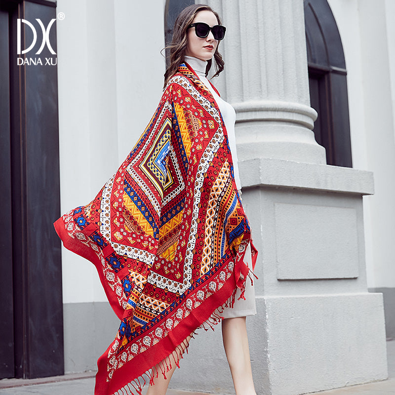 DANA XU 100% Merino Wool Extra Large Pashmina Blanket Travel Scarf Cashmere Wrap for Women Fall Winter Oversize Shawl Floral