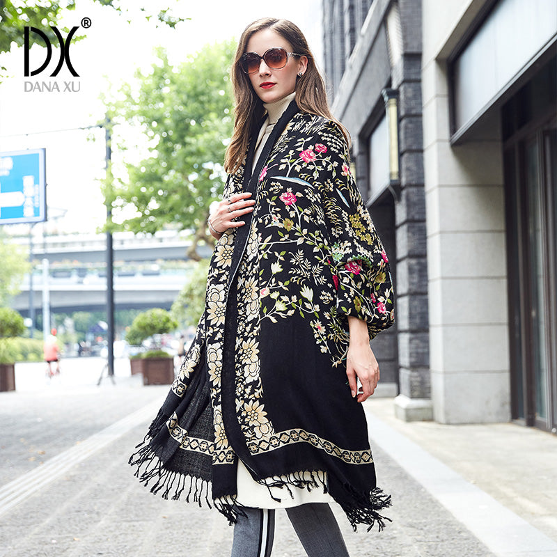 DANA XU 100% Merino Wool Extra Large Pashmina Blanket Travel Scarf Cashmere Wrap for Women Fall Winter Oversize Shawl Floral