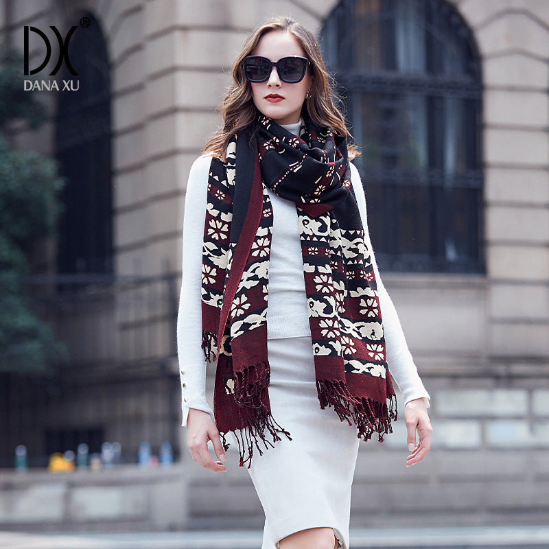 DANA XU 100% Merino Wool Extra Large Pashmina Blanket Travel Scarf Cashmere Wrap for Women Fall Winter Oversize Shawl Floral