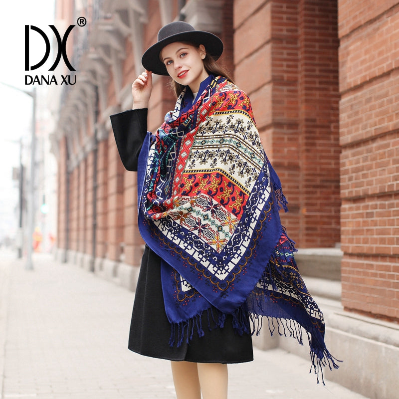DANA XU 100% Merino Wool Extra Large Pashmina Blanket Travel Scarf Cashmere Wrap for Women Fall Winter Oversize Shawl Floral